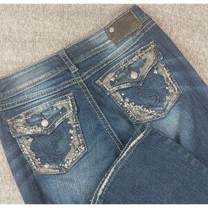 Silver Women's Tag 28X33 Fits 31x34.5 SUKI Mid Boot Sequin Jeans Embellished